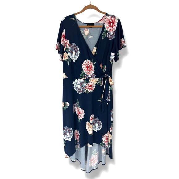 Navy Blue Floral Print Ultra-Soft Knit Side-Tie Hi-Low Dress Size 3X 22 24 Plus - Picture 4 of 9